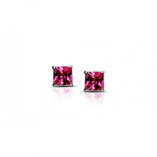 Heavy 10k White Gold Over Sterling Silver Princess Pink Cz Earrings