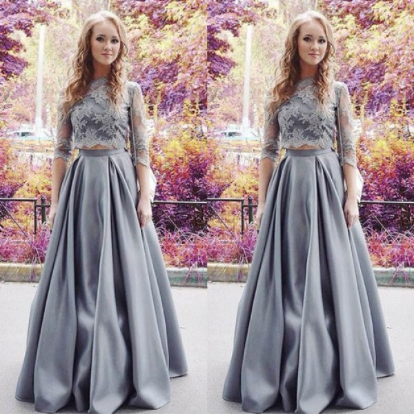 Long prom dress, elegant prom dress, custom prom dress, two pieces lace half sleeves p