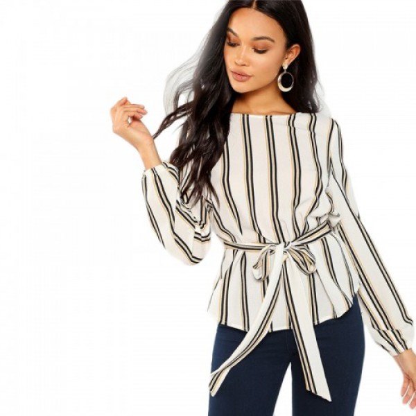 White Office Lady Elegant Striped Print Scoop Neck Long Sleeve Blouse 2018 New Autumn Workwear Women Tops And Blouses