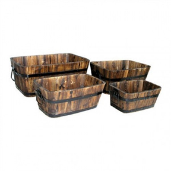 Set of 4 - Rectangular Outdoor Cedar Wood Barrel Planters in Burt Brown